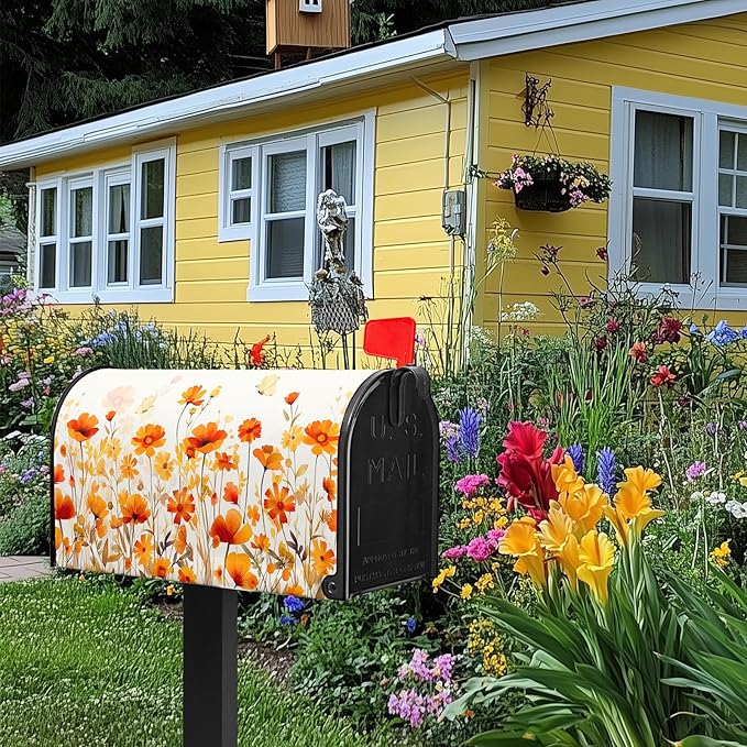 Orange Floral Mailbox Cover Fall Mailbox Covers Magnetic Standard Size 21x18 inch Autumn Beautiful Flower Post Letter Box Cover Mail Box Decorations for Outside Garden