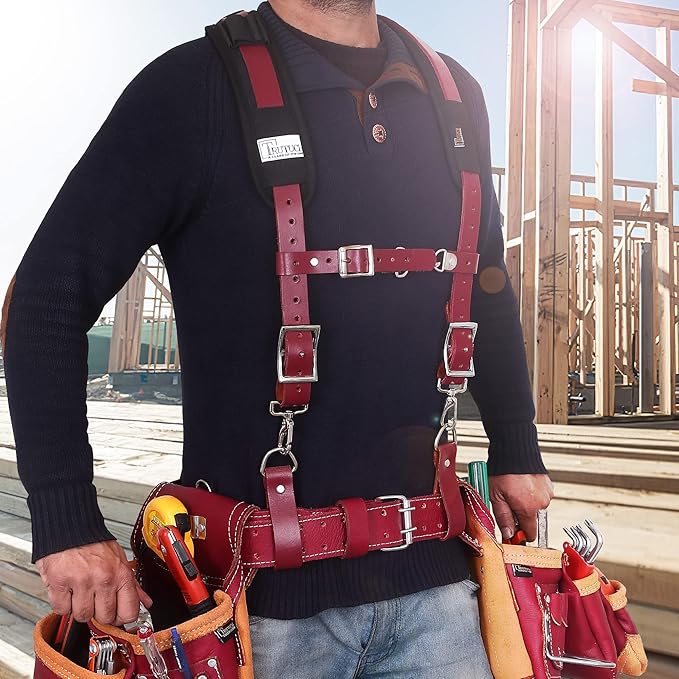 Leather Work Suspenders With Pockets | Fully-Adjustable Padded Leather Tool Belt Suspenders