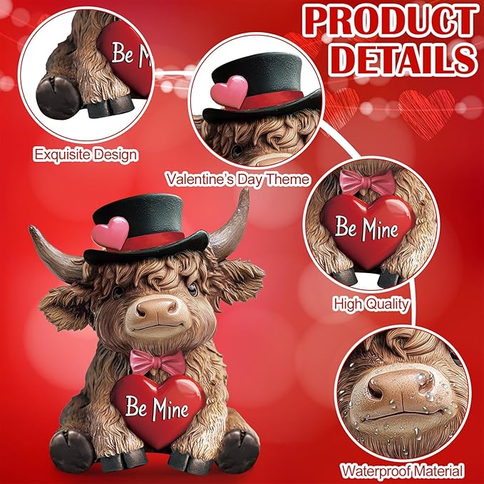 Karenhi 2 Pcs Valentine's Day Highland Cow Figurines Love Heart Rose Highland Cow Gnomes Scottish Resin Statue Calf Lovers Romantic Gifts for Valentines Home Kitchen Office Tiered Tray Table Decor