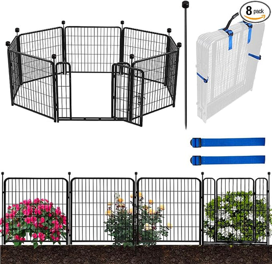 ADAVIN Garden Fence Panels, 36 Inch High, Black, Modern Style, 8 Panels Total 17.7 Ft(L) Tall, Low Threshold Door, Anti-Dig Fence Barrier