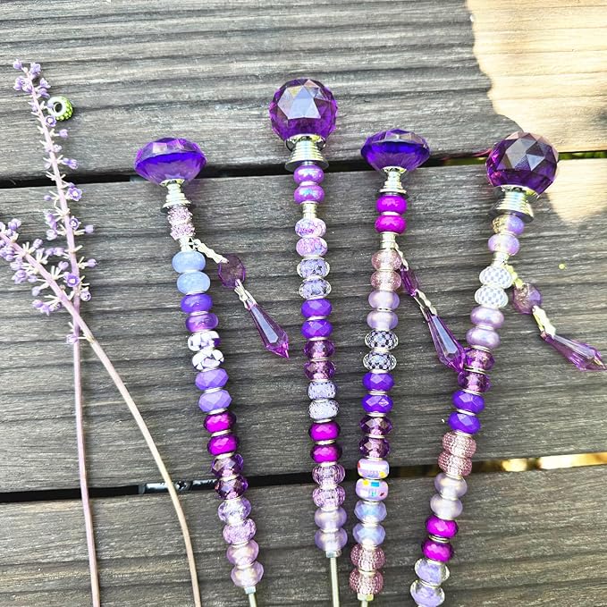 Exway 100 PCS DIY Fairy Wand Beaded Garden Stake Beads Kits with Purple Large Hole Beads 4 Crystal Stopper Top Threaded Rods and 4 Purple Sparkling Crystal Pendants for Outdoor Indoor Decor