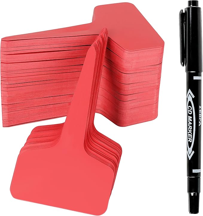 Plant Labels Tags 200Pcs T-Type Plant Markers Plastic Plant Label Tags Garden Tags Plant Labels for Outdoor Garden Waterproof Plant Label Identification Stakes with Permanent Marking Pen 5 (Red)