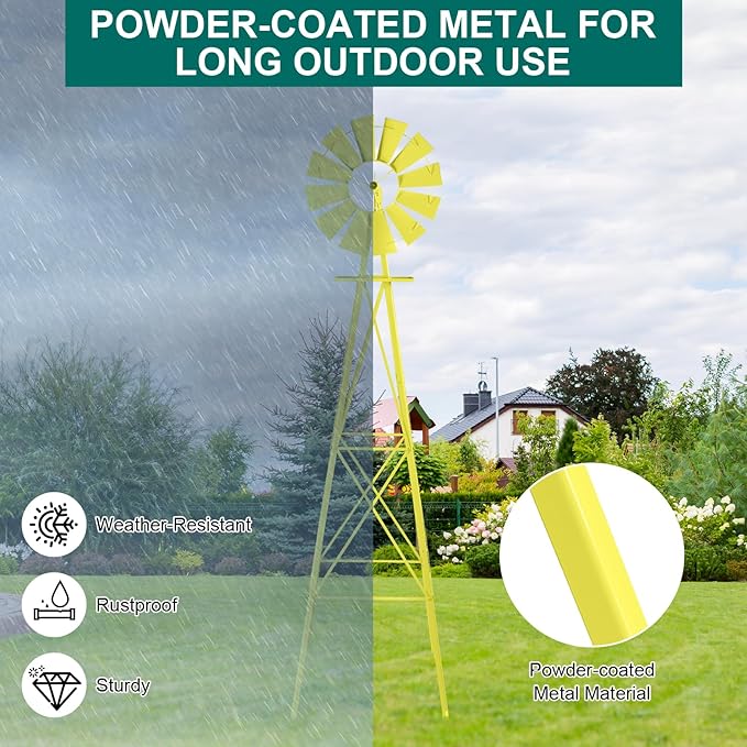 VINGLI 8FT Ornamental Windmill Backyard Garden Decoration Weather Vane, Heavy Duty Metal Wind Mill w/ 4 Legs Design,Yellow