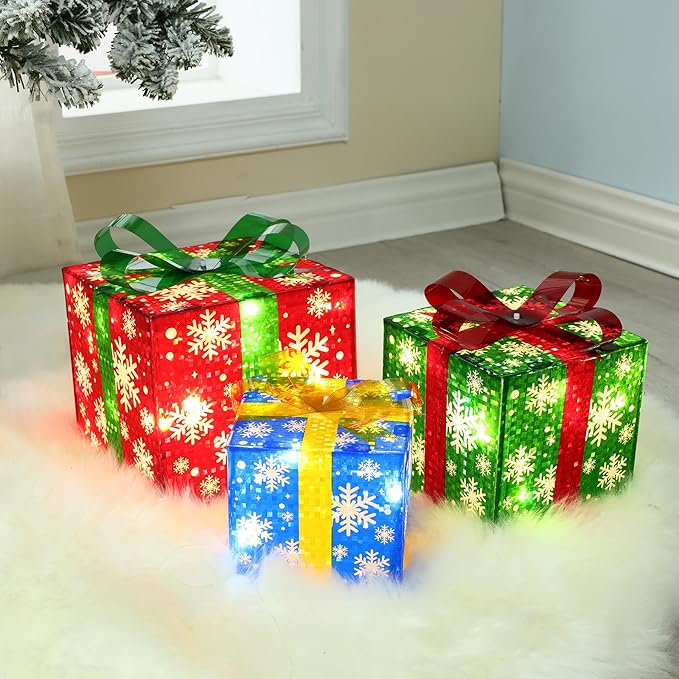 LuxenHome Set of 3 Lighted Gift Boxes, Plug-in Colorful Boxes with Ribbon Bow for Xmas Holiday Display, Lawn, Porch, Under Tree Indoor, Outdoor Christmas Decoration.