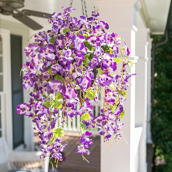 Artificial Hibiscus Fake Hanging Flowers Plants for Outdoors Spring Summer Decor, 4pcs Purple Silk Hibiscus Long Trailing Vines UV Resistant Realistic Faux Flower for Outside Front Door Porch Patio