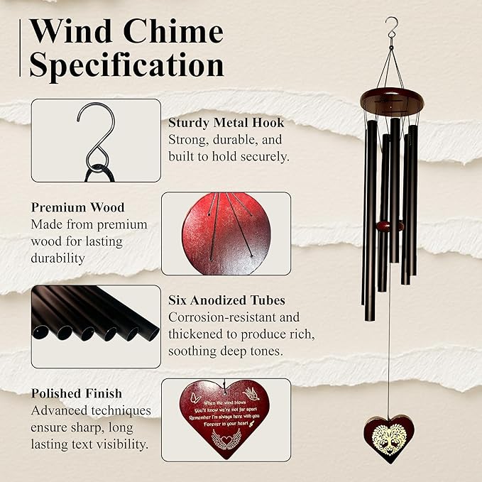 Memorial Wind Chimes, Unique Sympathy Gift for Loss of Loved One Comes with Sympathy Card & Custom Verse on Pendant - for Bereavement/Funeral/Condolences/Grieving/- Gift of Love & Remembrance