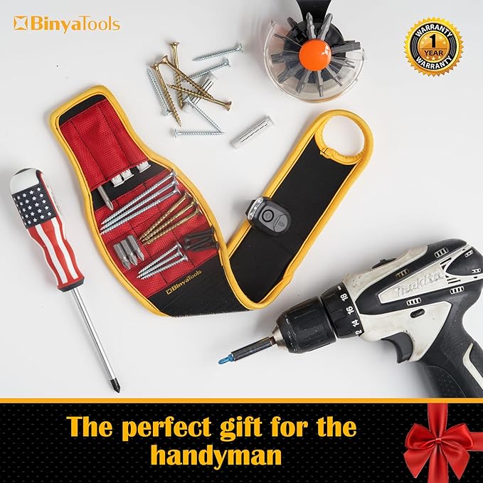 BINYATOOLS Magnetic Wristband for Tools Magnet Screw Holder Wrist Support Keeps Screws Nails Drill Bits Handy Unique Tool Gadgets for Men's & Dad Perfect Christmas Gifts Stocking Stuffers (RED)