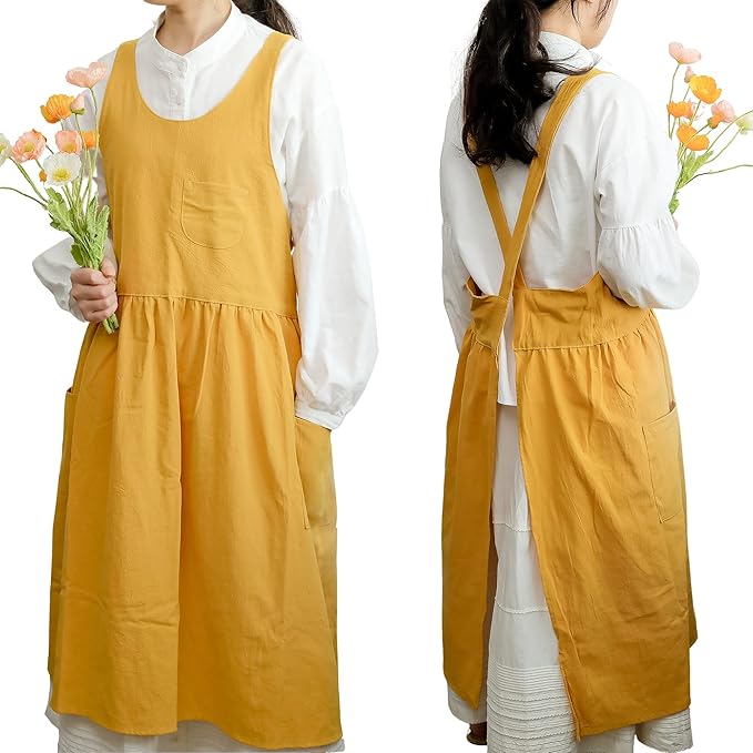 HANEE Cross Back Aprons for Women with Pockets | Japanese Style Cotton Apron | Cute Pinafore Smock for Kitchen etc (6 Colors)