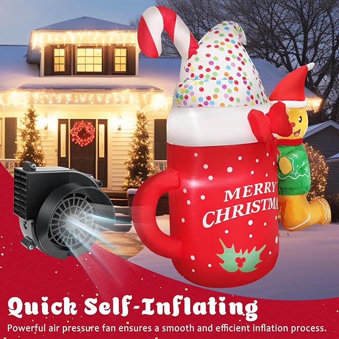 5FT Inflatable Gingerbread Men Christmas Decoration Blow Up Elf with Ice Cream Merry Christmas Printed Decor for Holiday, Party, Winter Festive Ornaments Indoors Outdoors Lawn, Yard, Garden