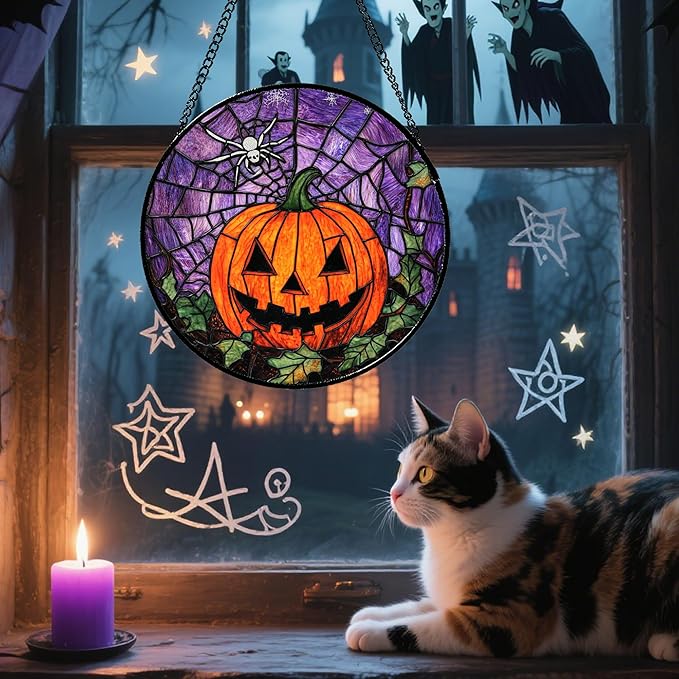 Stained Glass Window Hanging Halloween Golden Yellow Horror Pumpkin 6.3" - Suncatcher Door Garden Sunroom Gothic Style Sun Catcher Birthday for Friend Mom Men Woman Nana