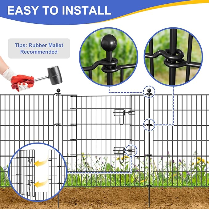 10 Panels No Dig Decorative Garden Fence with Gate, 40 in(H) X 23.6 ft(L) Outdoor Dog Rabbits Fence, Animal Barrier Pet Fencing Rustproof Metal Wire Panel Border for Yard, Patio, Flower Bed