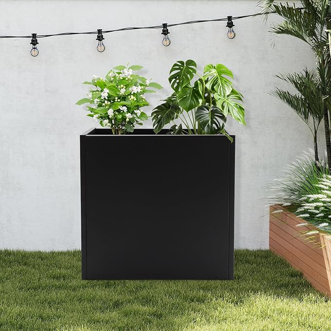 Metal Planter Box, Tall Rectangular Raised Garden Bed with Removable Shelf and Drainage Holes, Modern Steel Garden Planter, Flower Planter Boxes for Patio, Yard & Porch, Outdoor (Black, 28*12*28in)