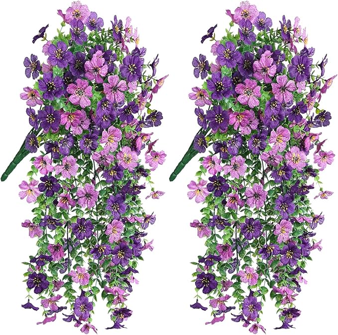 Artificial Faux Hanging Flowers Plants for Outdoor Decor 2 PCS Outside Fake Mums Violets with Eucalyptus UV Resistant Realistic Daisy Trailing Vines for Yard Balcony Porch Decor (Double Purple)