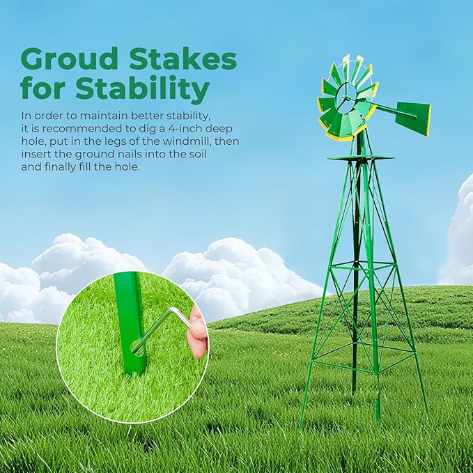 Outvita 8FT Ornamental Windmill, Heavy Duty Durable Metal Weather Vane Garden Decoration Weather Resistant for Garden, Yard, Farm, Seaside (8ft-Green)