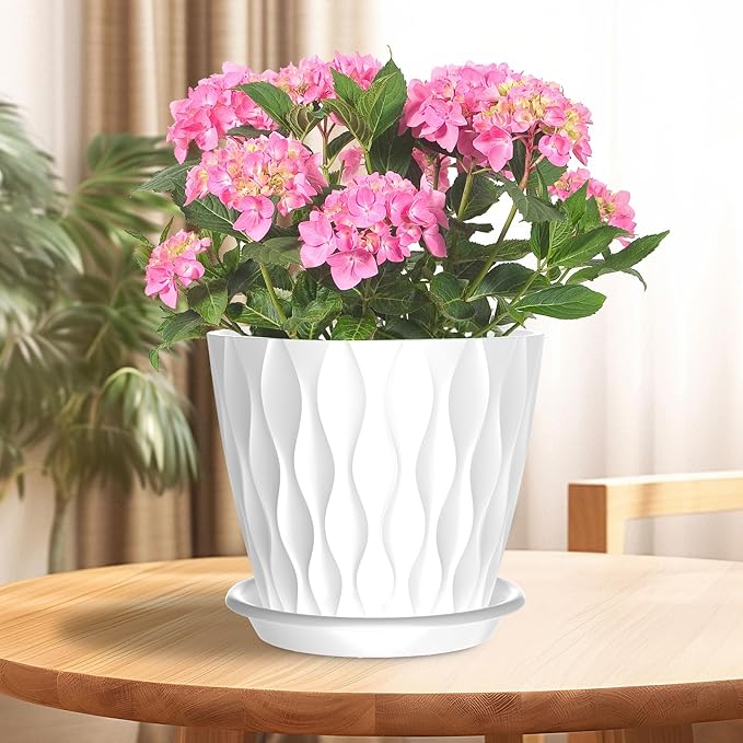6 Pack 6 Inch Indoor Plant Pots with Drainage Holes, Outdoor Plastic Decorative Flower Pots, Garden Planters with Tray Saucers for Orchids, Violets, Succulents, Herbs, and Other Plants