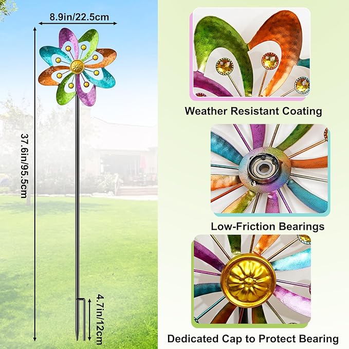 Metal Wind Spinners Outdoor, 360° Wind Sculpture Spinner with Metal Stake, Waterproof Spinners Green Kinetic Wind Spinner for Yard Lawn Decor (A- Colourful 2PC)