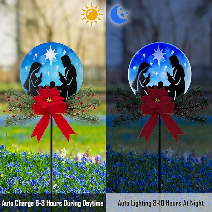 Nativity Scene Christmas Decorations Outdoor, 36" Jesus Solar Christmas Decor Metal Yard Stake, Outdoor Garden Decor Blue Stained Glass with Decorative Floral Christmas Decoration Gifts