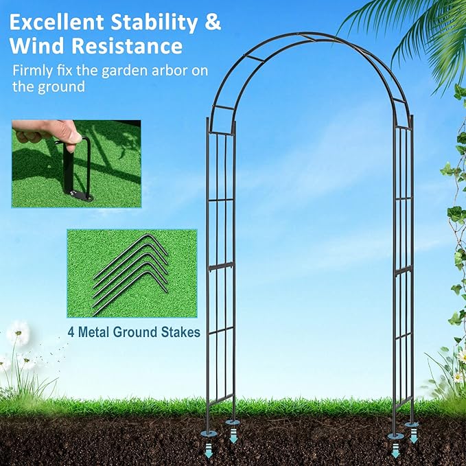 Giantex Garden Arch Trellis - 7.5 FT Metal Garden Arbor Archway for Climbing Plants Roses Vines, Outdoor Trellis Pergola for Wedding Bridal Party Ceremony Lawn Decor, 4 Stakes, Easy Assembly