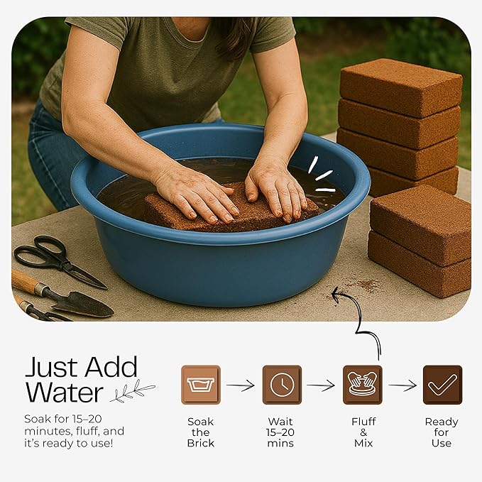 Premium Coco Coir Bricks 4 Pack - Lightweight Cocopeat for Garden Soil, Compressed Coconut Fiber Brick for Potting, Gardening, Planting, Seed Starting, Indoor & Outdoor Plants, Set of 4