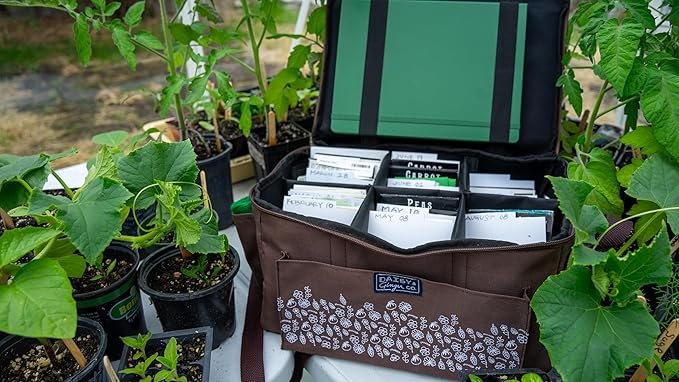SEED PACKET ORGANIZER and GARDEN TOOL TOTE BAG with Water Resistant Bottom, Index Cards, Side Pockets, Notebook Straps and Shoulder Strap