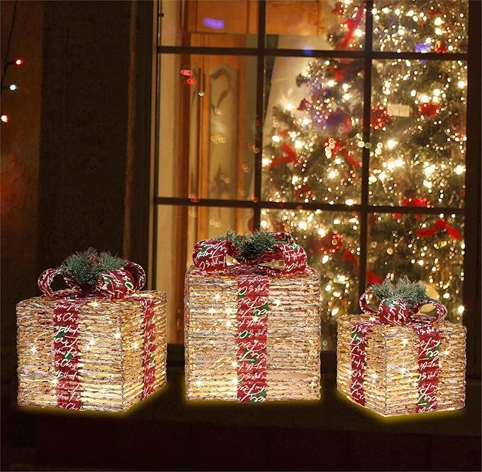 [Ultra-Large 15.5"x13.5"x11"] Christmas Set of 3 Lighted Rattan Gift Boxes Decorations Pre-lit 91 Super-Bright LED with Flashers,for Indoor Outdoor Pathway Holiday Party Home(Warm White)