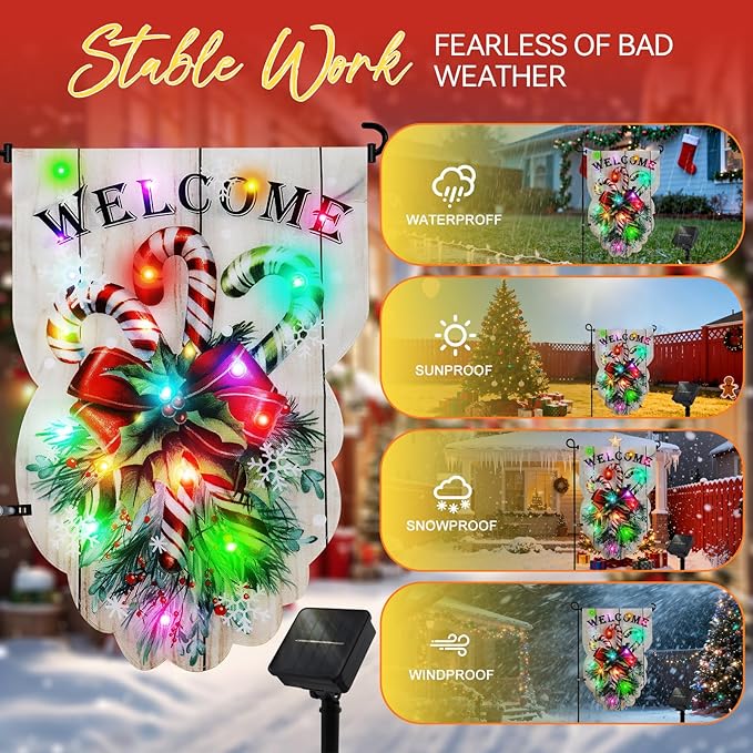 Lighted Christmas Garden Flag - 18x13-inch Waterproof Outdoor Christmas Decoration with 24 Glow-in-The-Dark LED in 8 Patterns, Perfect for Yard, Porch, and Lawn Decorations