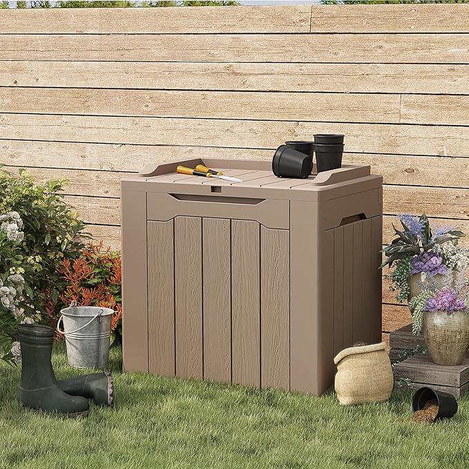 Patiolife 30 Gallon Resin Deck Box, Small Outdoor Storage for Garden Tools, Pool Supplies, Waterproof and Lockable, Brown
