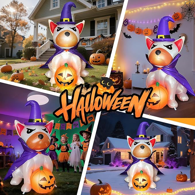 5.0Ft Halloween Inflatables Dog Decorations: Outdoor Vivid Lab Dog with Build-in Bright LED Blow Up Yard Decoration with Witch Hat Halloween Decor for Holiday Party Indoor Garden Lawn Home