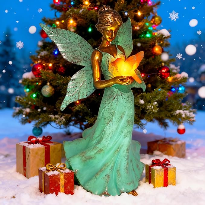 Solar Fairy Garden Statue Decor - Xmas Gifts for Women Mom Grandma Sister Christmas, 10 Inch Leaf Angel Girls Resin Home Decoration with Hummingbird LED Lights for Bedroom Balcony Outdoor Yard Patio