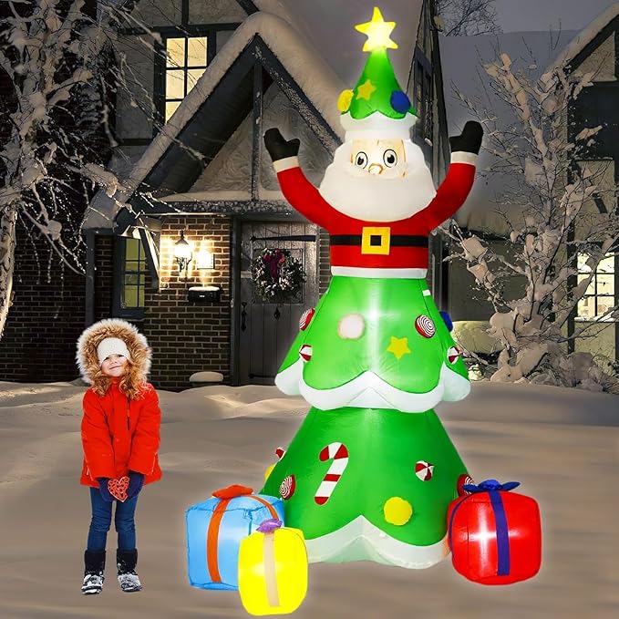 8-Foot Christmas Tree Outdoor Yard Inflatable Decoration with Christmas Santa Claus Decorations (with LED Lights), Includes Gift Box, Perfectly Suitable for Christmas Holiday Lawns and Garden Parties