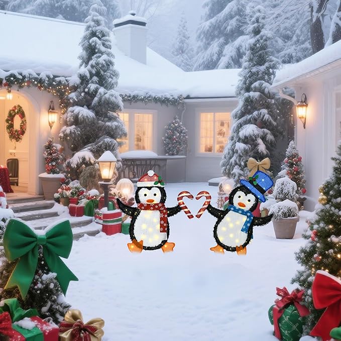 32" H Penguin Lights Outdoor Christmas Decorations, 2D Pre-lit Cute Holiday Lawn Lights Decors, Flat Xmas Yard Decor, 80 Warm White LEDs, Perfect for Garden, Driveway, Porch, 2-Piece Set