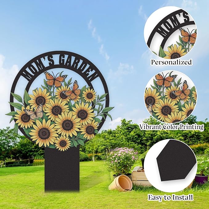 Personalized Garden Signs, Colorful Sunflower Garden Decor for Outside, Decorative Yard Stakes, Metal Yard Art, Patio Decor, Custom Last Name Sign, Lawn Art, Housewarming Gifts Color07