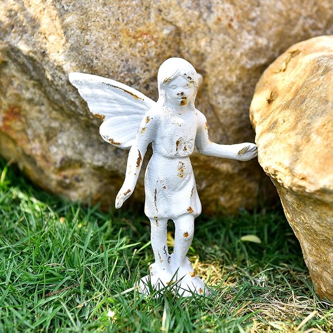 Sungmor Cast Iron Angel Statue, Set of 2 Rustic White Garden Fairy Figurines, Creative Angel Pixie Collection Home Office Desk Decor, Indoor Outdoor Fairy Garden Accent Ornament