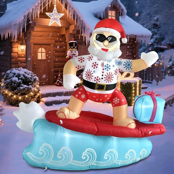 5.6FT Christmas Inflatables Surfing Santa Claus Outdoor Hawaiian Decorations, Christmas Blow Up Yard Decorations with Built-in LED Lights for Indoor Outdoor Holiday Party Garden Patio Yard Lawn Decor