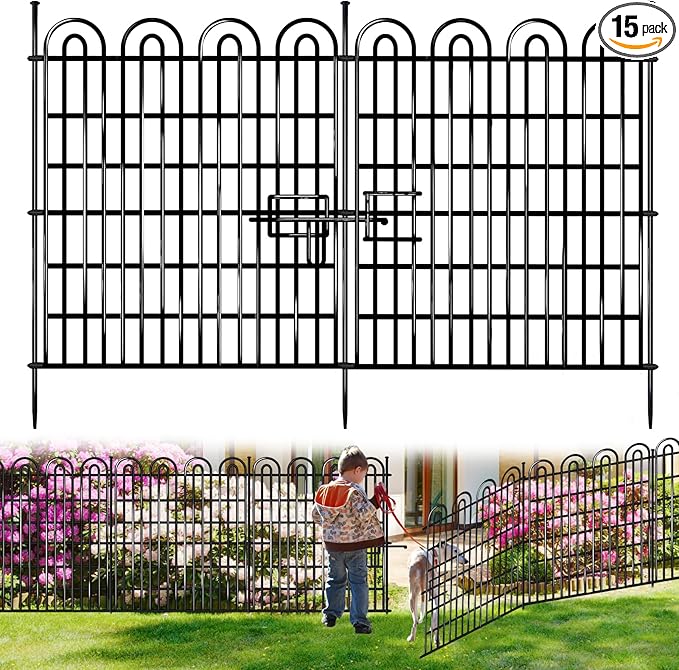 15 Panels Tall Garden Animal Barrier Fence with Gate, 33 in(H) X 36.8 ft(L) No Dig Decorative Garden Fence Outdoor for Yard, Heavy Duty Rustproof Metal Edging Border for Dog, Rabbits