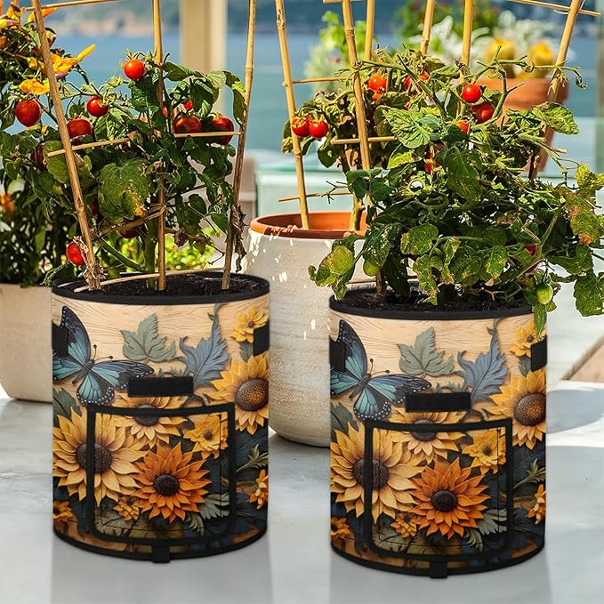 Sunflower Flowers Grow Bags 7 Gallon Thickened Nonwoven Plant Pot Vegetables Potato Fruit Plant Grow Bag with Handle Garden Plant Bag Outdoor 2 Pack
