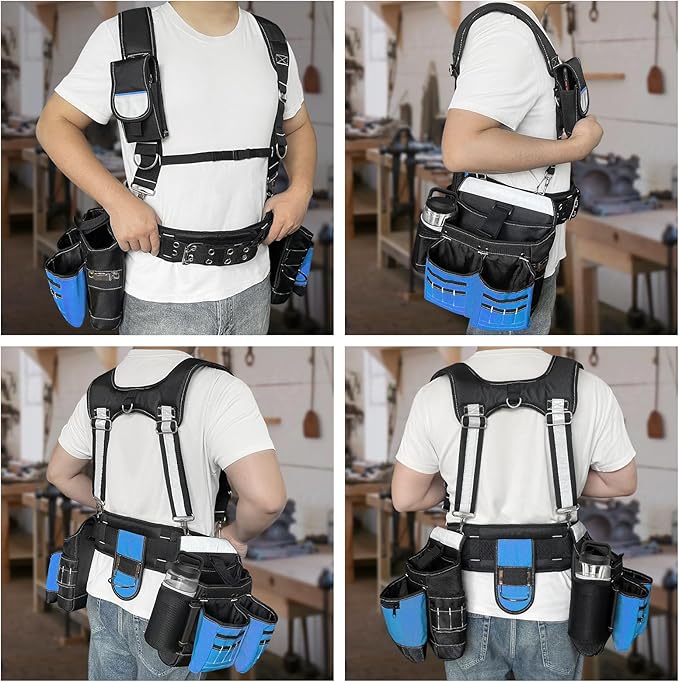 Tool Belt with Suspenders for Men, Heavy Duty Construction Tool Belt with 32 Pockets, 1680D Material, Reflective Strips for Safety, HVAC Toolbelt for Men