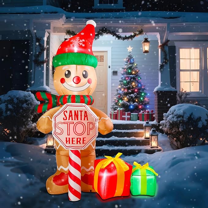 7 FT Christmas Inflatable Outdoor Decorations, Inflatable Gingerbread Man with Sign and Gifts Bags Built-in LED Lights Blow Up Yard Decorations for Holiday Indoor Outdoor Party Garden Lawn