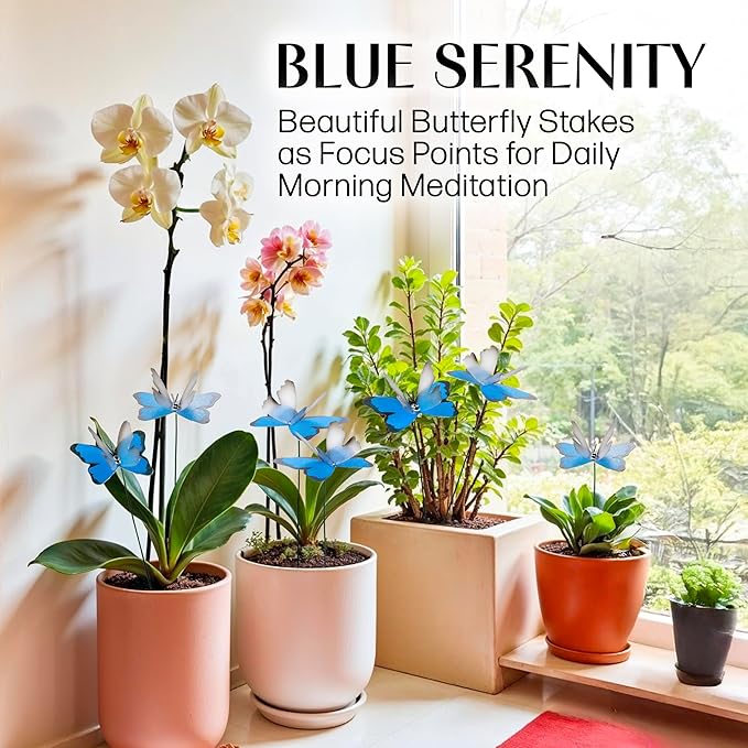 Handmade Sky Blue Butterfly Garden Stakes Set of 7 - Decorative Outdoor & Indoor Plant Decor - Nature Lover Gift Idea by Air Aquarium Kushner