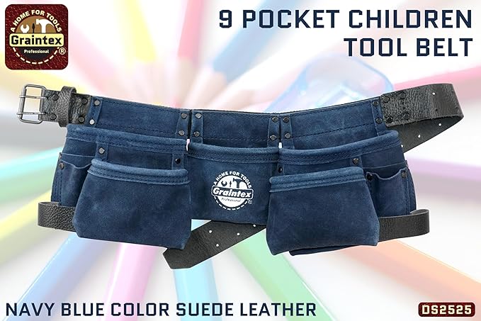 Graintex DS2525 :: 9 Pocket Children Tool Belt Navy Blue Color Suede Leather, Kids Real Tool Belt, Boys and Girls Tool Apron for Home Improvement, 1.1/2" Leather Belt, Hammer Loops