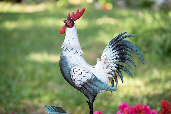 TERESA'S COLLECTIONS Garden Decor with Solar Outdoor Lights, White Rooster Yard Art Sign for Outside, 39.4'' Metal Weathervane Decorative Garden Stake for Outdoor Decor, Lawn, Gifts for Fathers Day