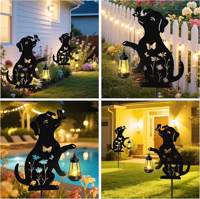 Solar Lights Outdoor Stakes, Metal Dog Solar Lights, Christmas Birthday Gifts for Women Mom Grandma, Waterproof Hanging Lantern Garden Ornaments Decor Outside Backyard, Yard Art, Patio, Pathway