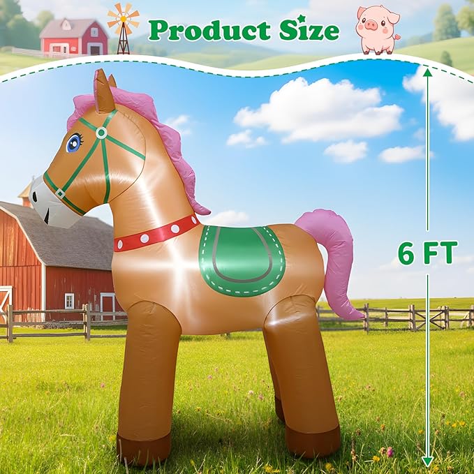 6FT Christmas Spring Farm Ranch Horse Inflatables Blow up Cute Animals Decorations with LED Light Outdoor Indoor Graden Yard Party Lawn Holiday Decor