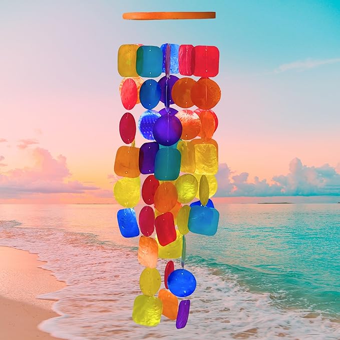 Bellaa Wind Chimes Outdoor, Garden Decorations, Musical, Indoor/Outside Windchimes, Beach, Ocean, Breeze, Gifts for Mom, Gift for All Occasions, Capiz Sea Glass Shells Wood 1 Rainbow