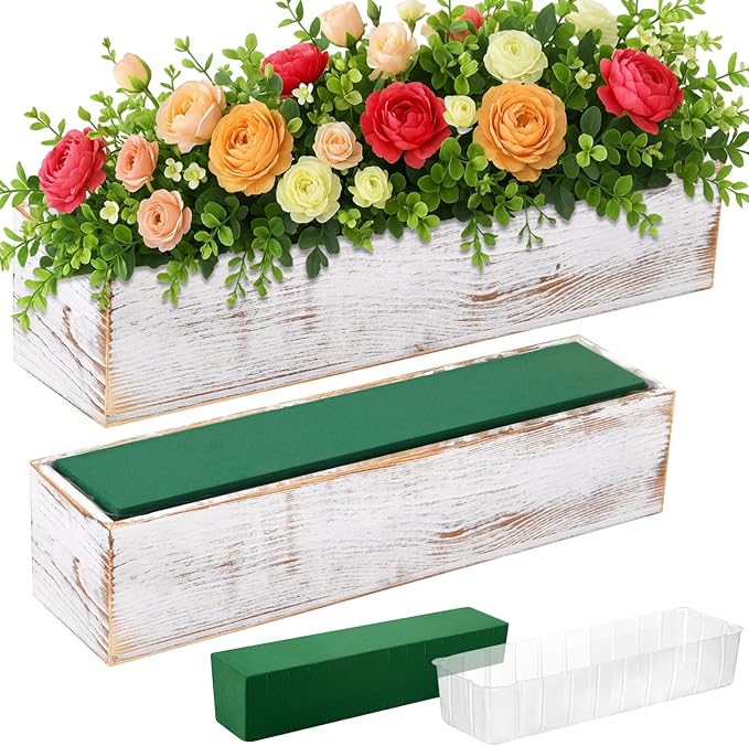 Dandat 2 Set Wood Boxes for Centerpieces 16x4 Inch Rectangle Wooden Planter Box Rustic Wooden Planters with Removable Plastic Liner Floral Foam Blocks for Christmas Wedding Home Garden Decor