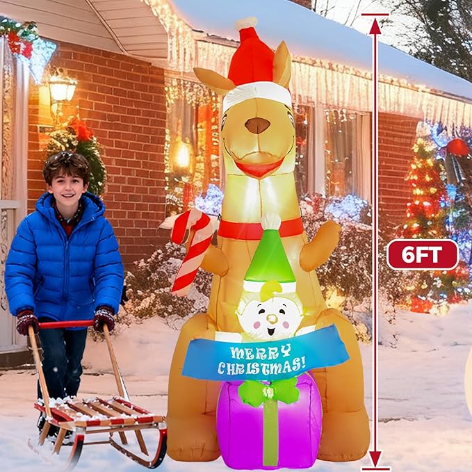 6FT Kangaroo Afu Inflatable Decoration with Built-in LED Lights, Christmas Outdoor Inflatable Decoration for Lawns, Yards, Gardens, and Patios
