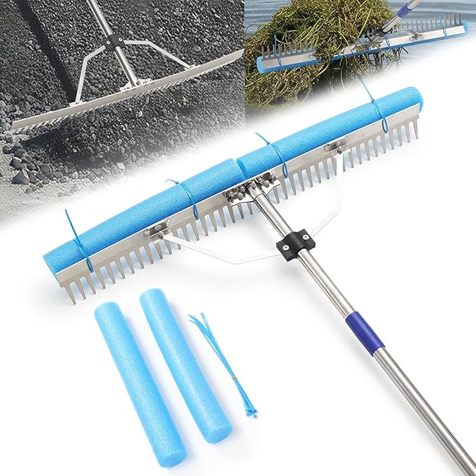 Aluminum Landscape & Lake Rake, 31'' Wide Heavy Duty Rakes for Gravel Driveway Leveling,Soil Loosening,Aquatic Weed,Algae Removal, Long Handle Landscaping Tool for Beach, Garden & Lawn Yard Cleaning