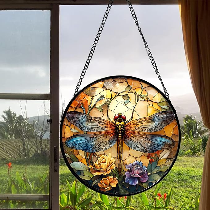 Stained Glass Window Hanging - Orange Blue Dragonfly Flower Suncatcher for Doors Window Home Sun Catchers Decor Christmas Mother's Day Birthday Outdoor Gifts for Women Men Mom Nana 9.8 in