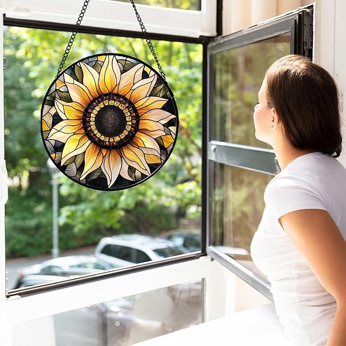 Stained Glass Window Hanging - Sunflower Suncatcher for Door Garden Patio Retro Flower Sun Catchers Decor Christmas Mother's Day Birthday Gifts for Women Mom Nana Friend Wife 7.8 in