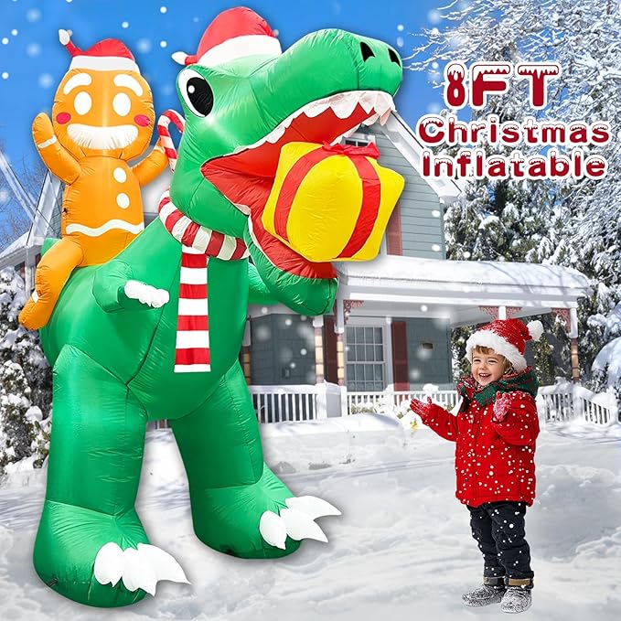 8 Ft Christmas Inflatable Gingerbread Man Ride on Dinosaur with Gift Box Outdoor Decoration Built-in LED Lights, Blow up Christmas Yard Decoration for Party Lawn Holiday Garden Decor Outside